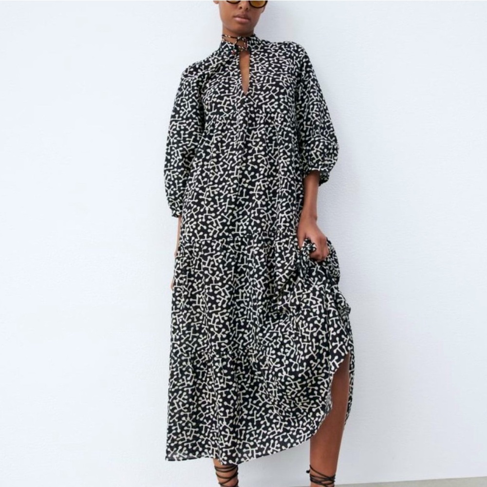 Zara Black and White Print Long Sleeve Dress with Tie front. WUC. Size M